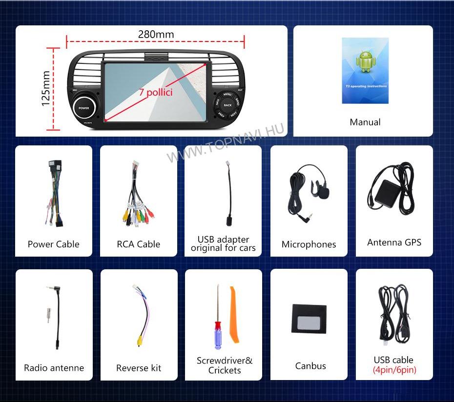 Fiat, Abarth 500 2007 - 2015 Fekete 7" Android Multimédia fejegység - TopNAVI