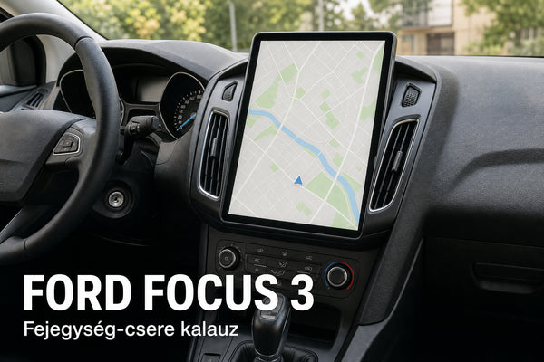 Álló Tesla-style fejegység kompakt autóban, FORD FOCUS 3 felirattal – illusztráció
