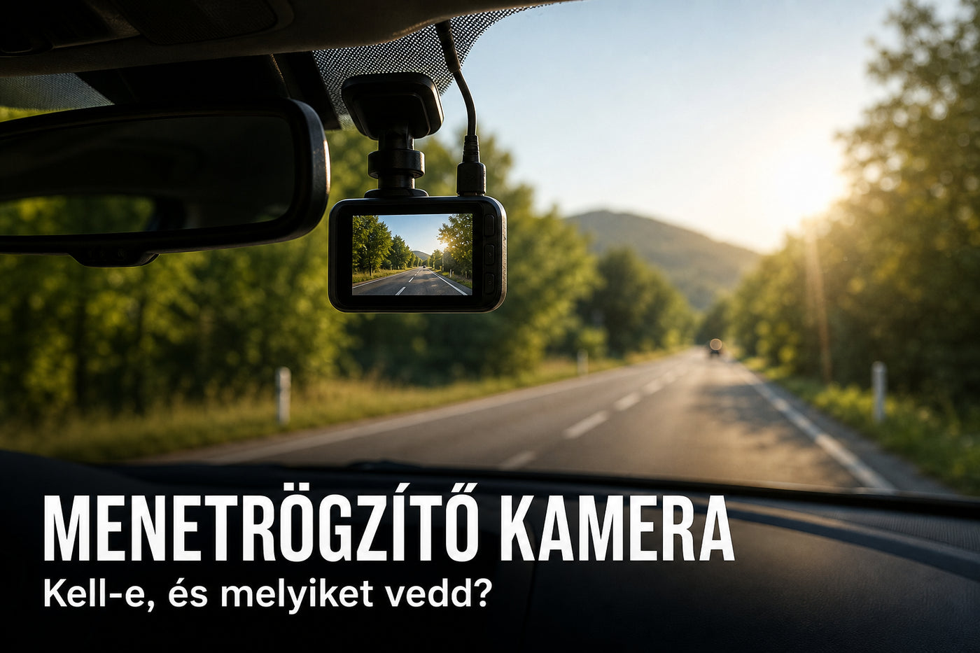 Szélvédőre szerelt menetrögzítő kamera, MENETRÖGZÍTŐ KAMERA felirattal – illusztráció