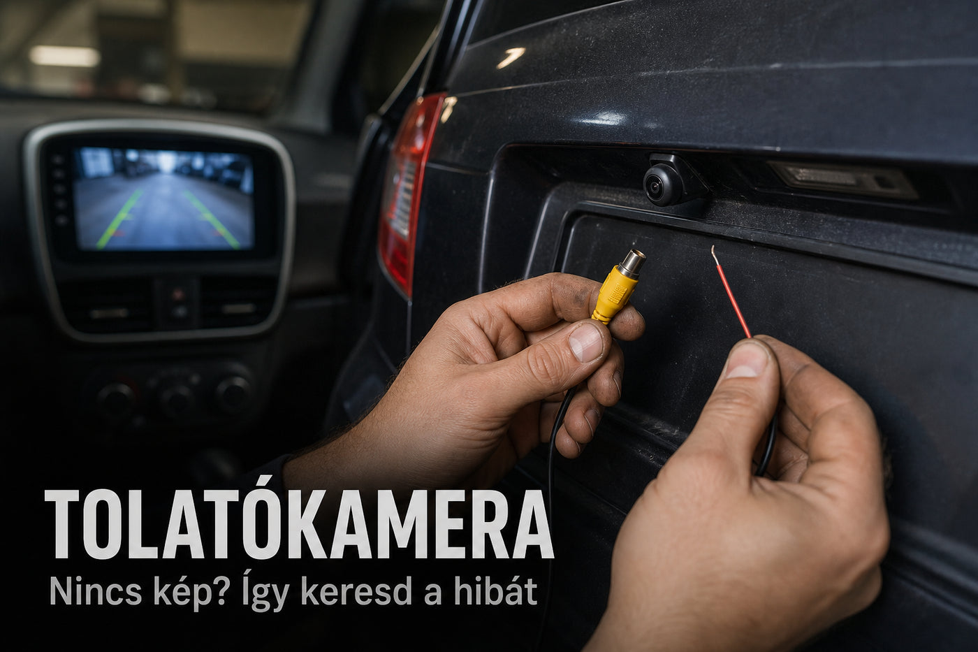 Kéz sárga RCA videocsatlakozóval és tolatókamera vezetékével egy autó nyitott csomagterénél, háttérben a műszerfali kijelzőn hátsó nézettel – illusztráció