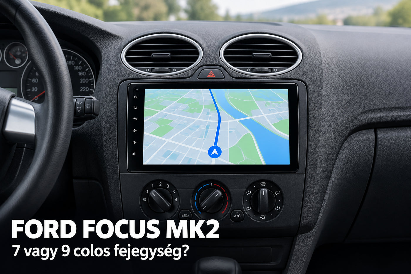Nagy érintőkijelzős Android fejegység egy kompakt autó műszerfalán – illusztráció a Ford Focus MK2 fejegység-cseréhez