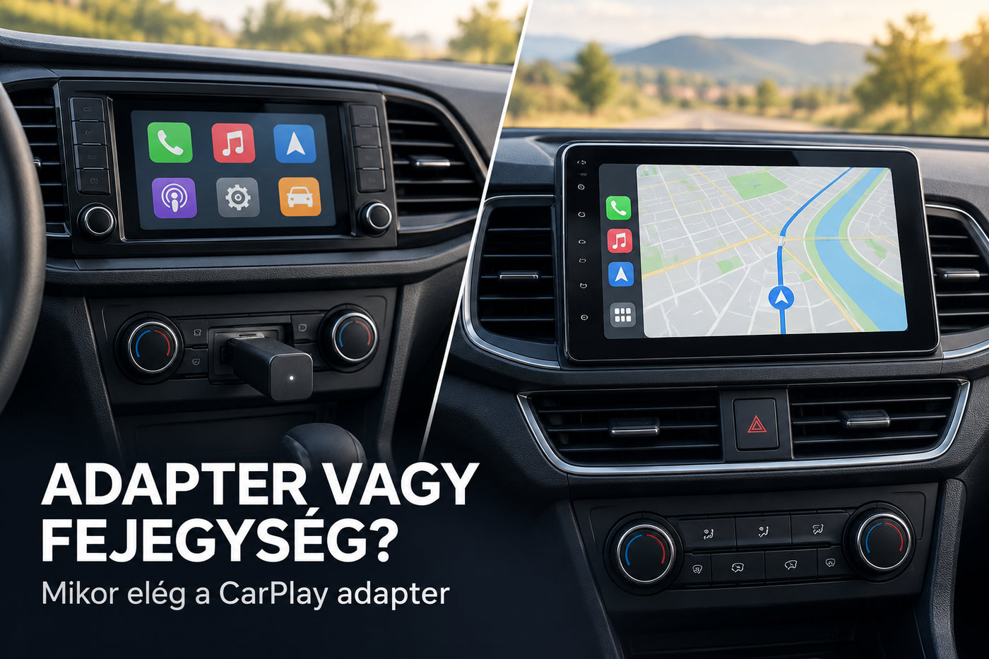 Vezeték nélküli CarPlay adapter és nagy kijelzős Android fejegység összehasonlítása autó műszerfalán – illusztráció