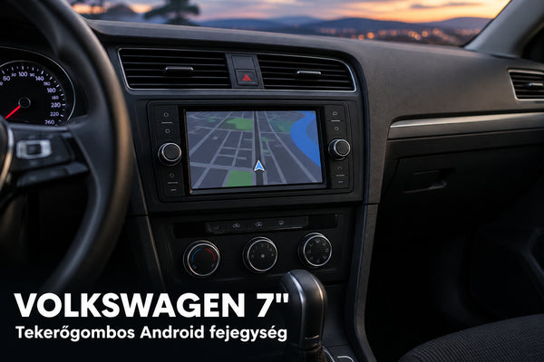7 colos, tekerőgombos Android multimédia fejegység egy autó műszerfalában – illusztráció