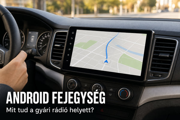 Android fejegység navigációval a műszerfalon, ANDROID FEJEGYSÉG felirattal – illusztráció