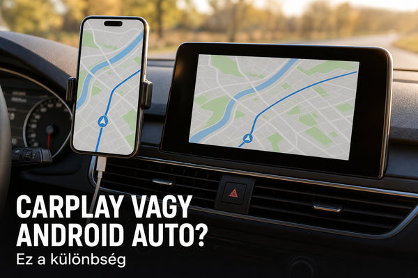 Telefon-tükrözés az autó kijelzőjén, CarPlay vagy Android Auto felirattal – illusztráció