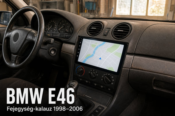 Modern Android fejegység idősebb autó műszerfalában, BMW E46 felirattal – illusztráció