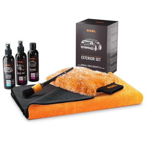 ADBL Exterior Set külső autóápoló szett – doboz, Vampire Liquid, Snowball és Synthetic Spray Wax 200 ml, Caremitt kesztyű, Puffy Towel kendő, ecset