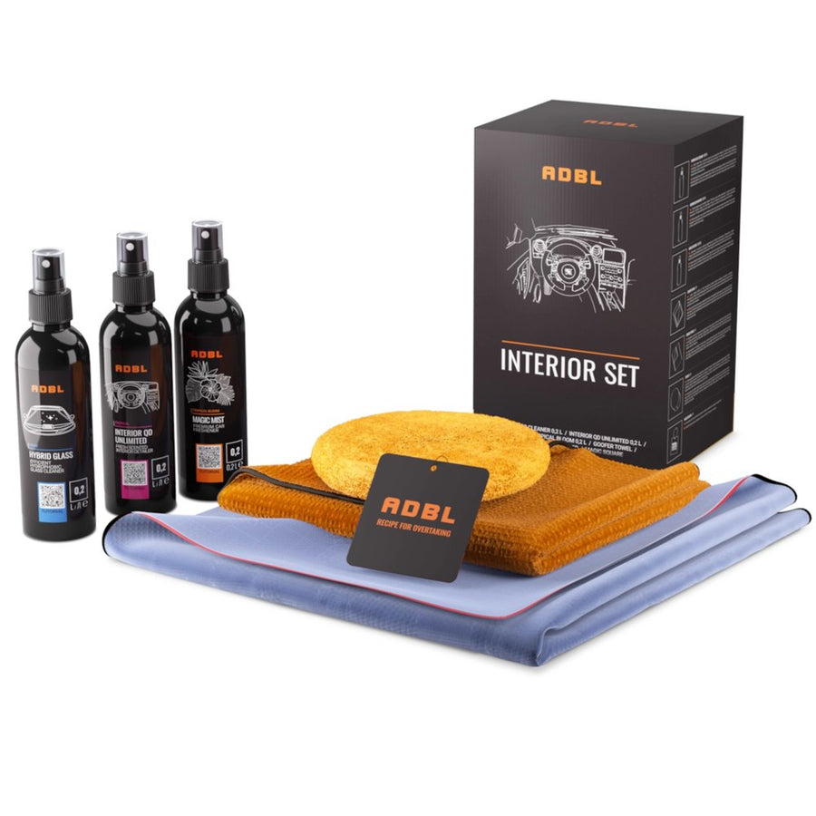 ADBL Interior Set belső autóápoló szett – doboz, Hybrid Glass, Interior QD Unlimited és Magic Mist 200 ml, Tickler applikátor, kendők, illatosító kártya