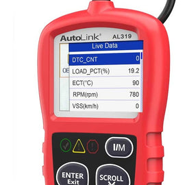 Autel AutoLink AL319 kijelző közelről: élő adatok (Live Data) – fordulatszám, hűtővíz-hőmérséklet, terhelés