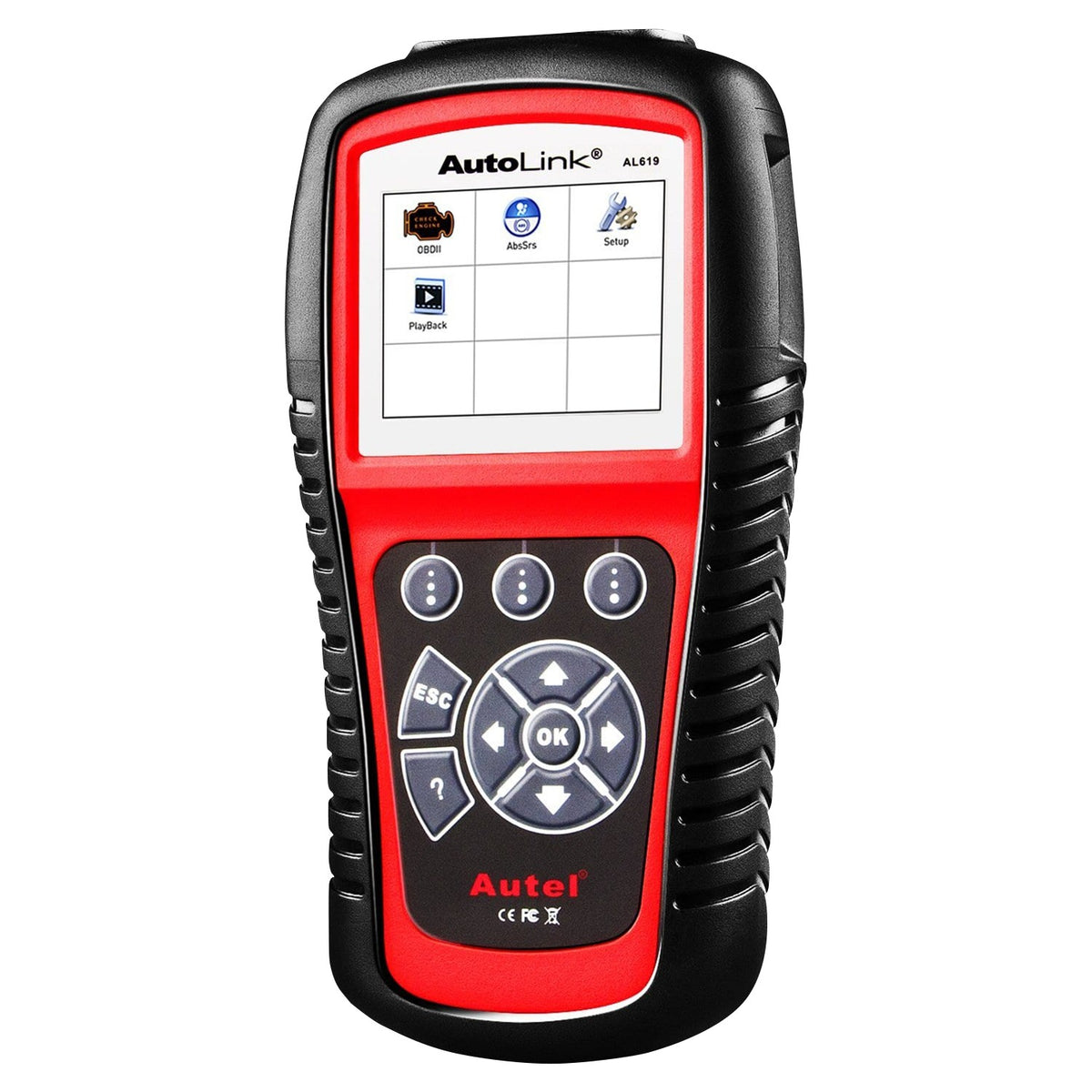 Autel AutoLink AL619 ABS/SRS OBD2 diagnosztikai kézi műszer elölnézetből, színes kijelzővel, fehér háttéren