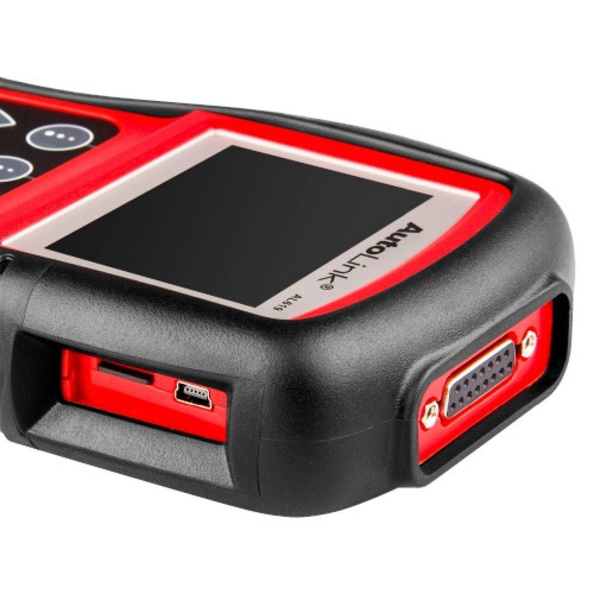 Autel AutoLink AL619 csatlakozói közelről: mini-USB port, SD-kártya nyílás és OBD2 csatlakozó
