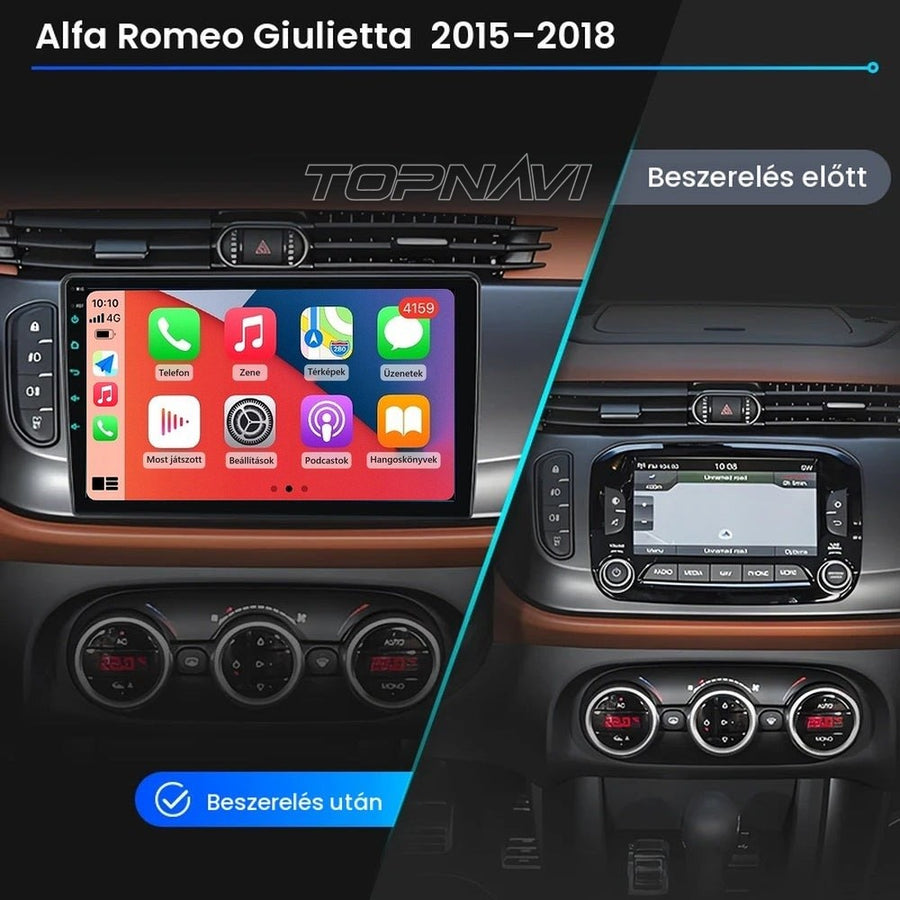 Alfa Romeo Giulietta műszerfal a gyári érintőkijelzős rádióval és beszerelés után a 9" Android fejegységgel - TOPNAVI