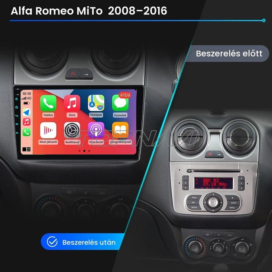 Alfa Romeo MiTo műszerfal a gyári rádióval és beszerelés után a 9" Android fejegységgel - TOPNAVI