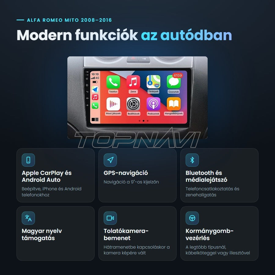 Alfa Romeo MiTo 2008–2016 9" Android fejegység előnyei: Apple CarPlay, Android Auto, GPS-navigáció, Bluetooth, magyar nyelv támogatás, tolatókamera-bemenet - TOPNAVI