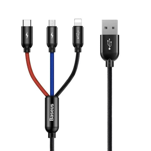 Baseus Three Primary Colors 3 az 1-ben töltőkábel: USB-C, micro USB és Lightning ág