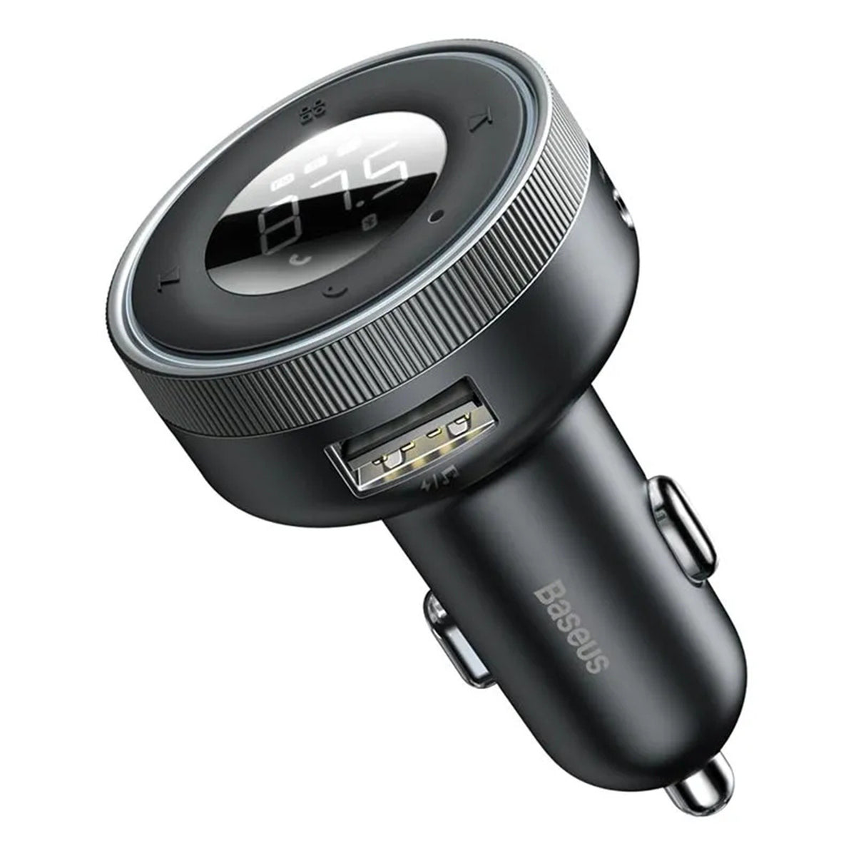 Baseus Enjoy CCLH-01 Bluetooth FM transzmitter fehér háttéren, elölről: kerek LED kijelző a frekvenciával és az USB töltőport