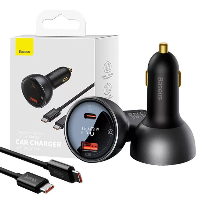 Baseus Superme 140 W autós töltő a dobozzal és a mellékelt USB-C kábellel