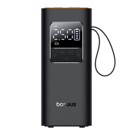 Baseus Super Mini Pro vezeték nélküli kompresszor elölnézetből, LCD kijelzővel és csuklópánttal, fehér háttéren