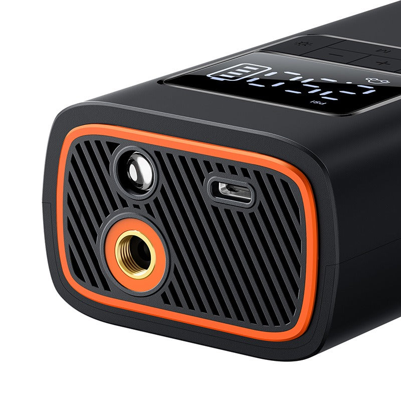 Baseus Super Mini Pro kompresszor felső vége közelről: menetes levegőcsatlakozó, LED lámpa és USB-C töltőport