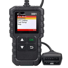 LAUNCH Creader 3001 OBD2 hibakódolvasó fekete kézi készülék színes kijelzővel és OBD2 csatlakozókábellel, fehér háttéren