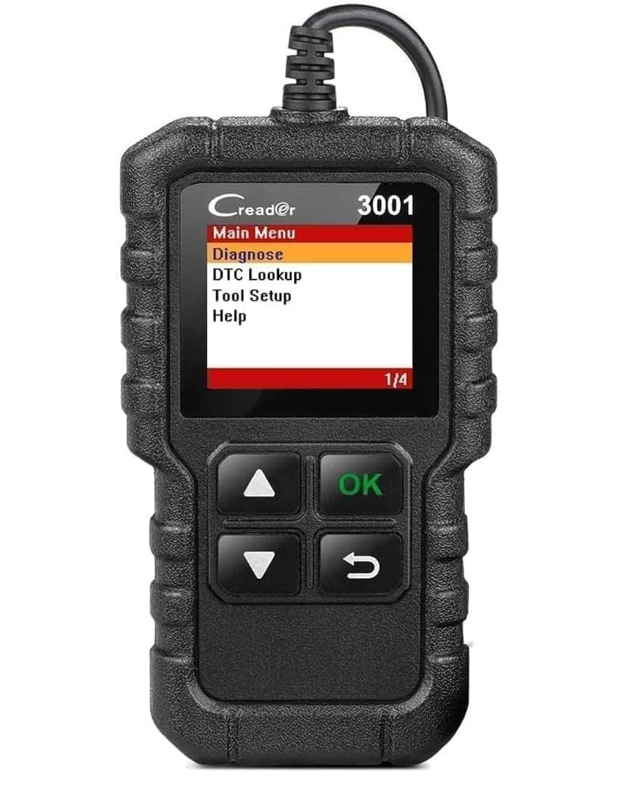 LAUNCH CR3001 hibakódolvasó elölnézet, a kijelzőn a főmenü (Diagnose, DTC Lookup, Tool Setup, Help), négy nyomógomb és OK gomb
