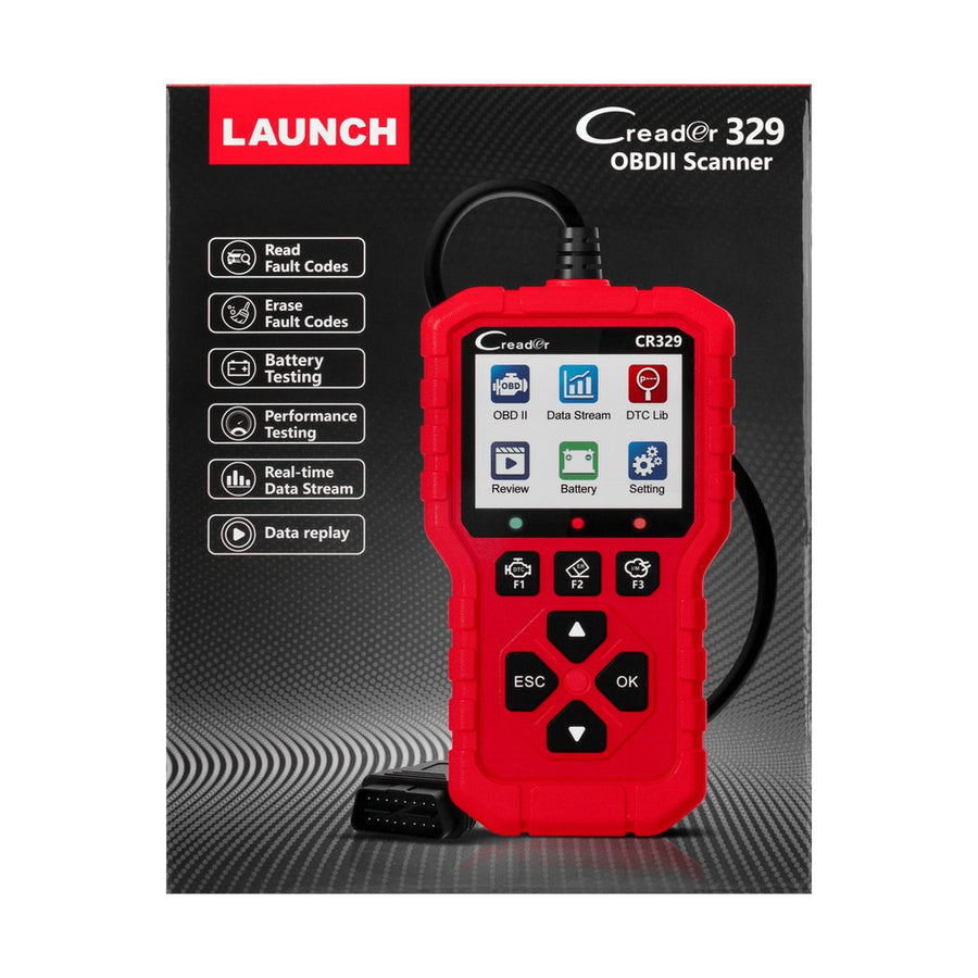LAUNCH Creader CR329 piros kézi OBD2 hibakódolvasó színes kijelzővel a doboza előtt, fehér háttéren