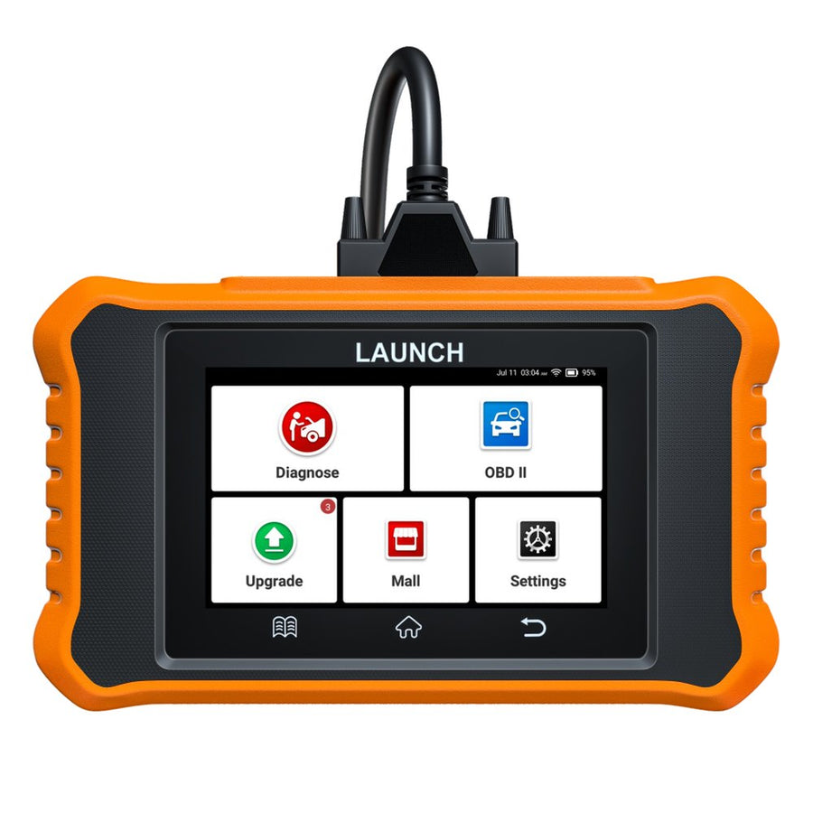 LAUNCH Creader Elite márkaspecifikus diagnosztikai műszer narancssárga gumírozott házzal, 4 colos érintőkijelzővel és OBD II kábellel, fehér háttéren