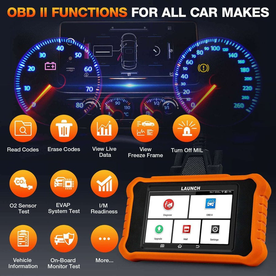 LAUNCH Creader Elite OBD II funkciók minden autómárkán: hibakód olvasás és törlés, élő adatok, freeze frame, O2-szonda, EVAP, I/M készenlét