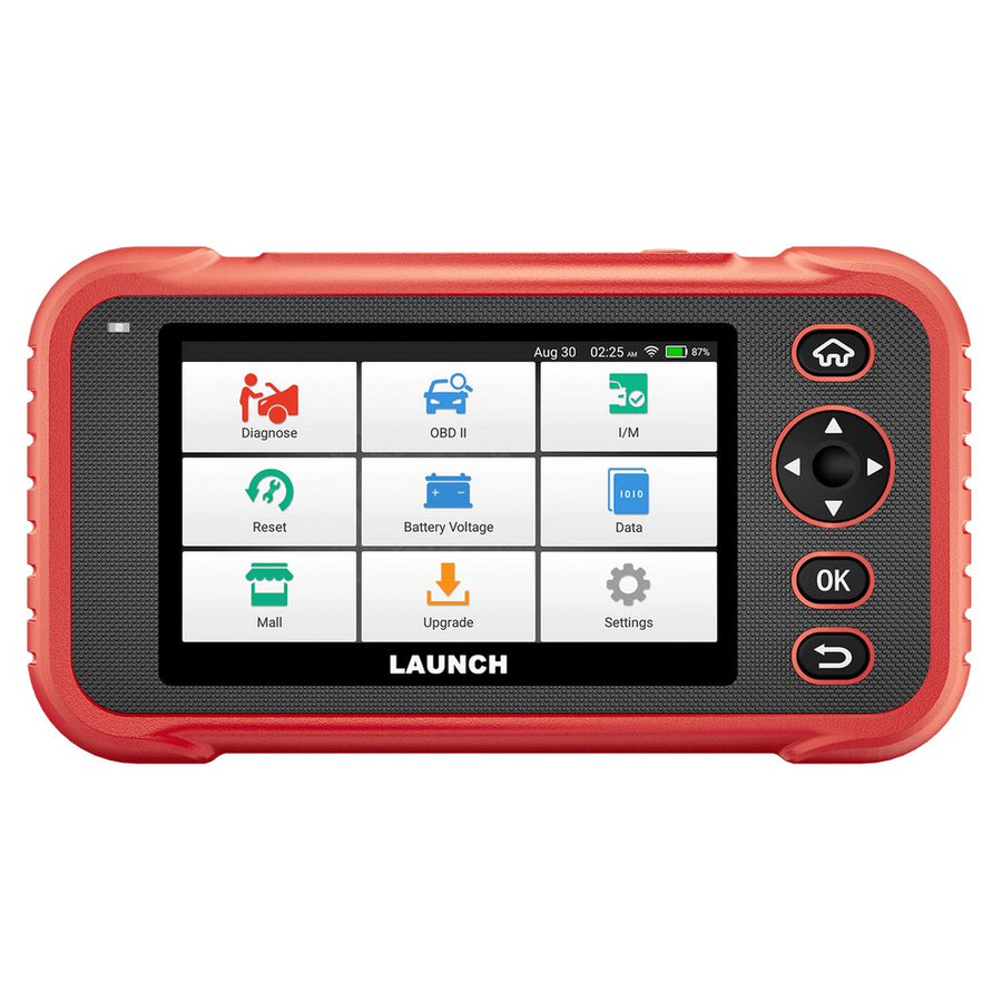 LAUNCH CRP129E PLUS diagnosztikai műszer elölnézet, piros gumírozott ház, 5 colos érintőkijelző és navigációs gombok, fehér háttéren