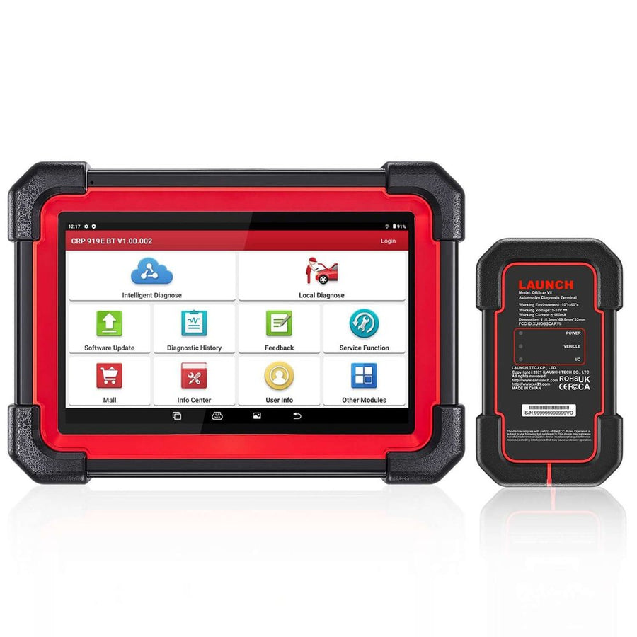 LAUNCH CRP 919E BT 7 colos diagnosztikai tablet piros-fekete védőkerettel és DBScar VII Bluetooth VCI egységgel, fehér háttéren