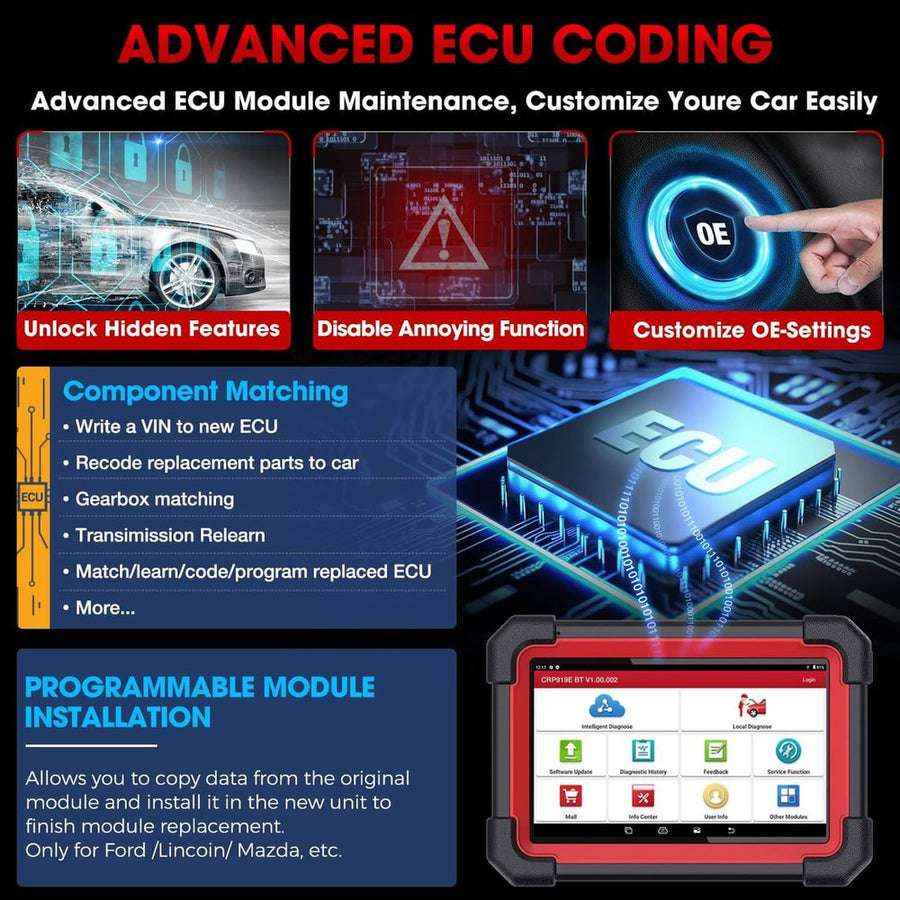 LAUNCH CRP 919E BT ECU kódolás: rejtett funkciók, testreszabás, alkatrész-illesztés és programozható modul telepítése