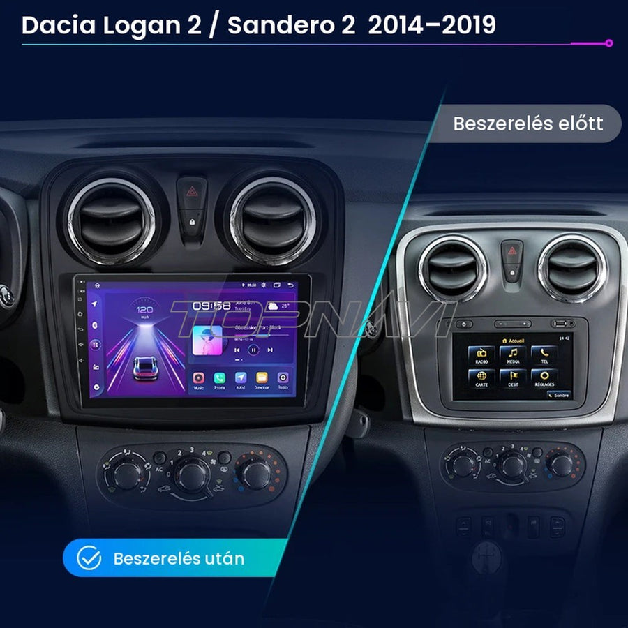 Dacia Logan 2 / Sandero 2 műszerfal a gyári Media Nav rádióval és beszerelés után a 9" Android fejegységgel - TOPNAVI