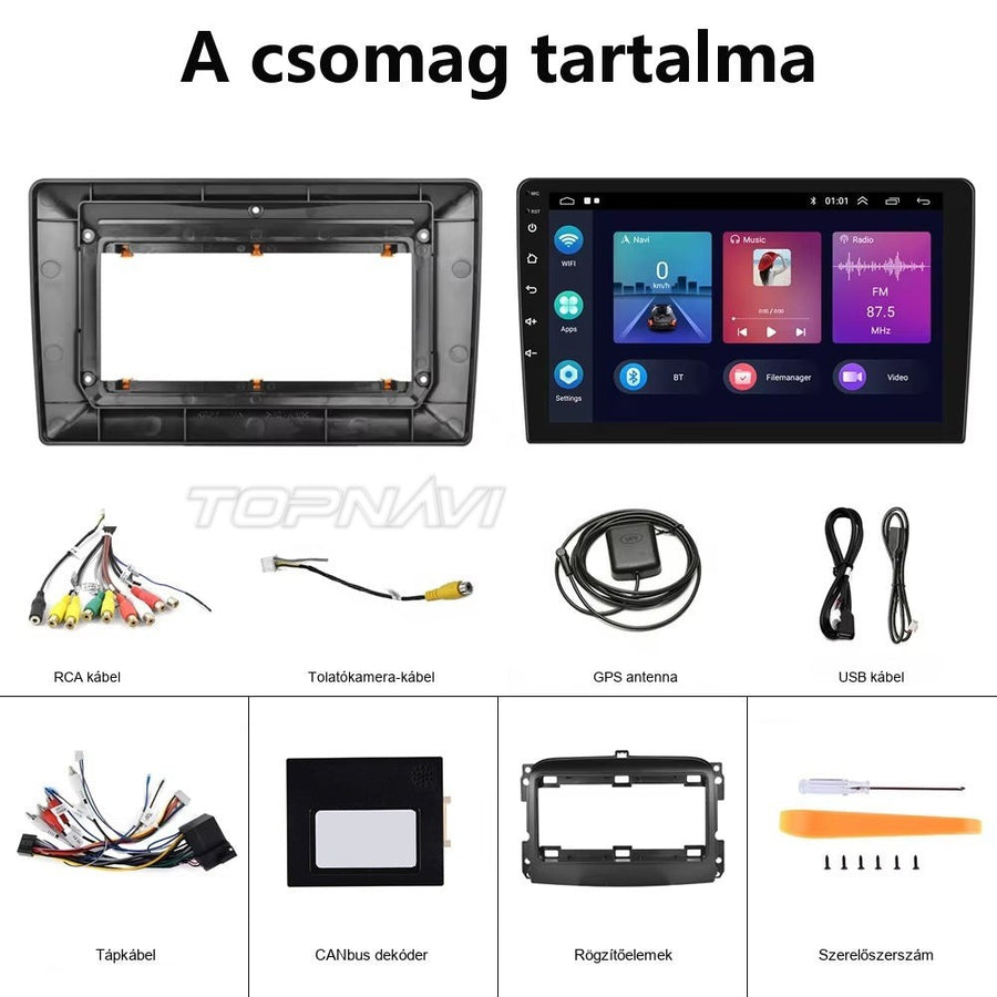 Fiat 500L Android fejegység csomag tartalma: keret, fejegység és kábelek - TOPNAVI