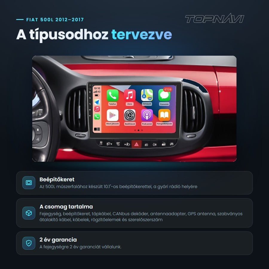 Fiat 500L 2012–2017 Android fejegység: a típushoz tervezett beépítőkeret, a csomag tartalma, 2 év garancia - TOPNAVI