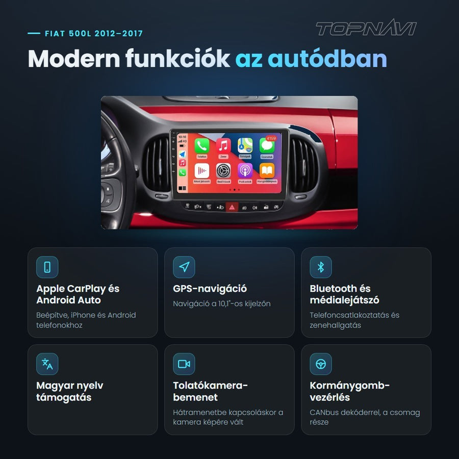 Fiat 500L 2012–2017 10,1" Android fejegység előnyei: Apple CarPlay, Android Auto, GPS-navigáció, Bluetooth, magyar nyelv támogatás, tolatókamera-bemenet - TOPNAVI