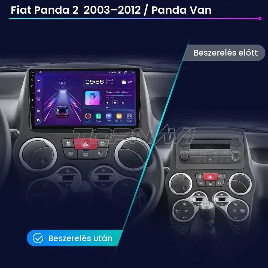 Fiat Panda 2 műszerfal a gyári rádióval és beszerelés után a 9" Android fejegységgel - TOPNAVI
