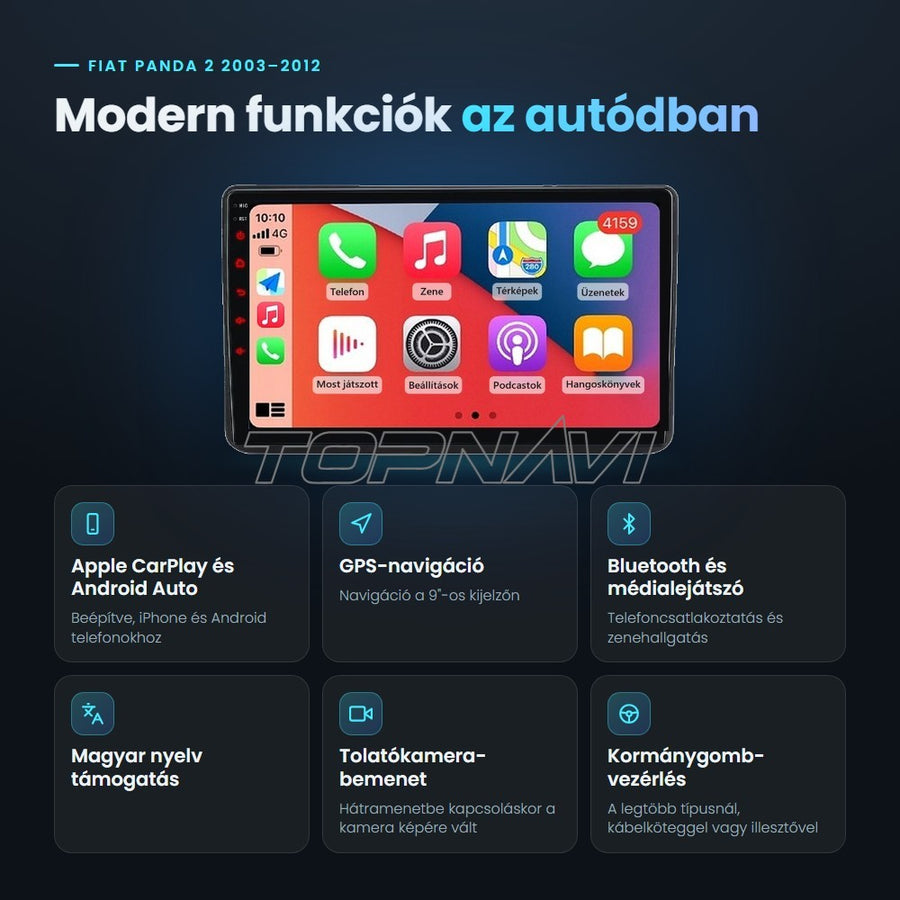 Fiat Panda 2 2003–2012 9" Android fejegység előnyei: Apple CarPlay, Android Auto, GPS-navigáció, Bluetooth, magyar nyelv támogatás, tolatókamera-bemenet - TOPNAVI