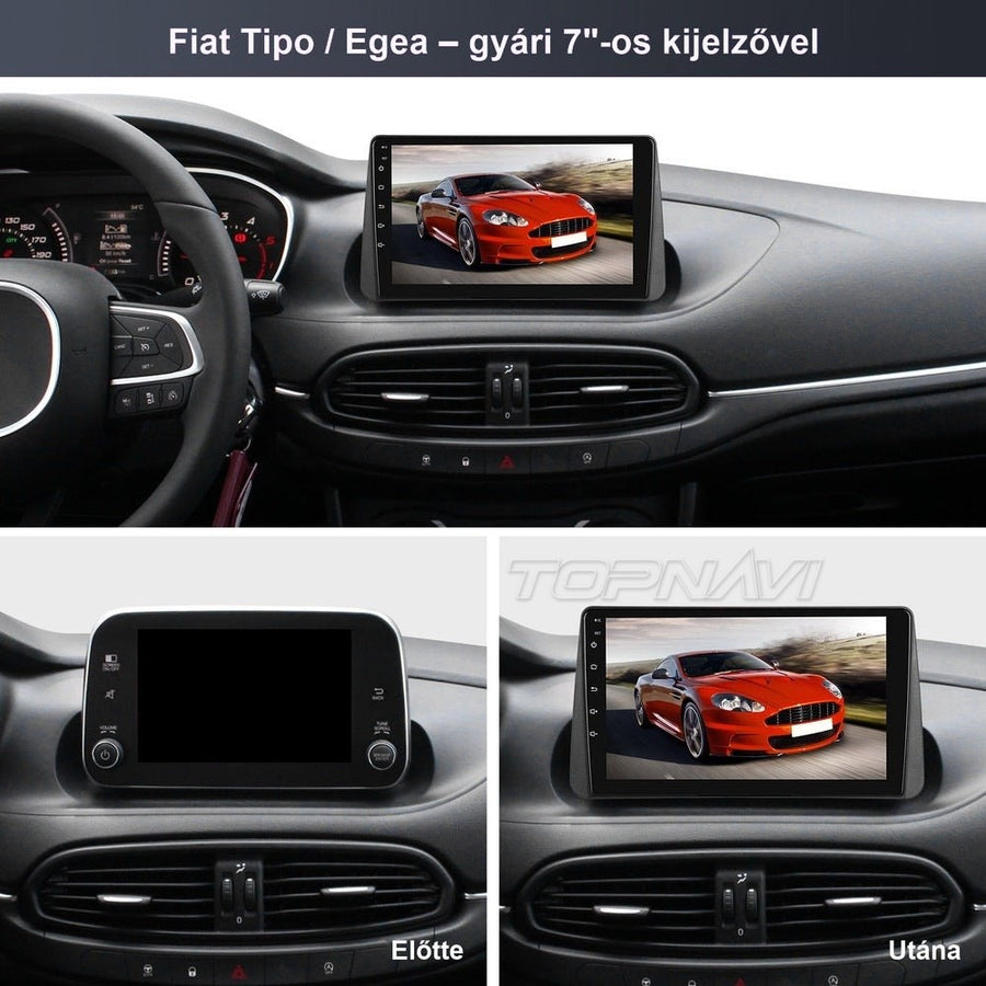 Fiat Tipo, Egea műszerfal a gyári 7 colos kijelzővel és beszerelés után a 9" Android fejegységgel - TOPNAVI
