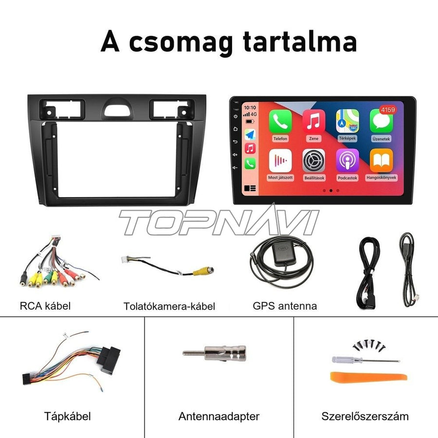 Ford Fiesta MK6 Android fejegység csomag tartalma: keret, kábelek, GPS antenna, szerelőszerszám - TOPNAVI