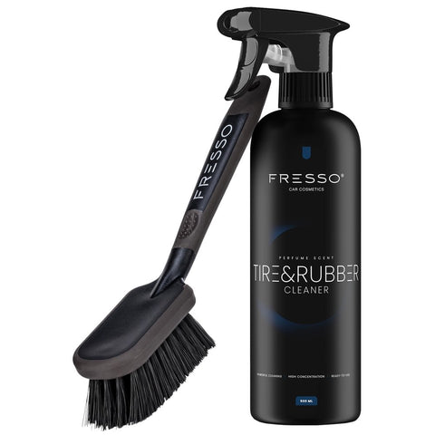 Fresso gumitisztító szett – Tire & Rubber Cleaner 500 ml szórófejes flakon és Tire Brush abroncskefe