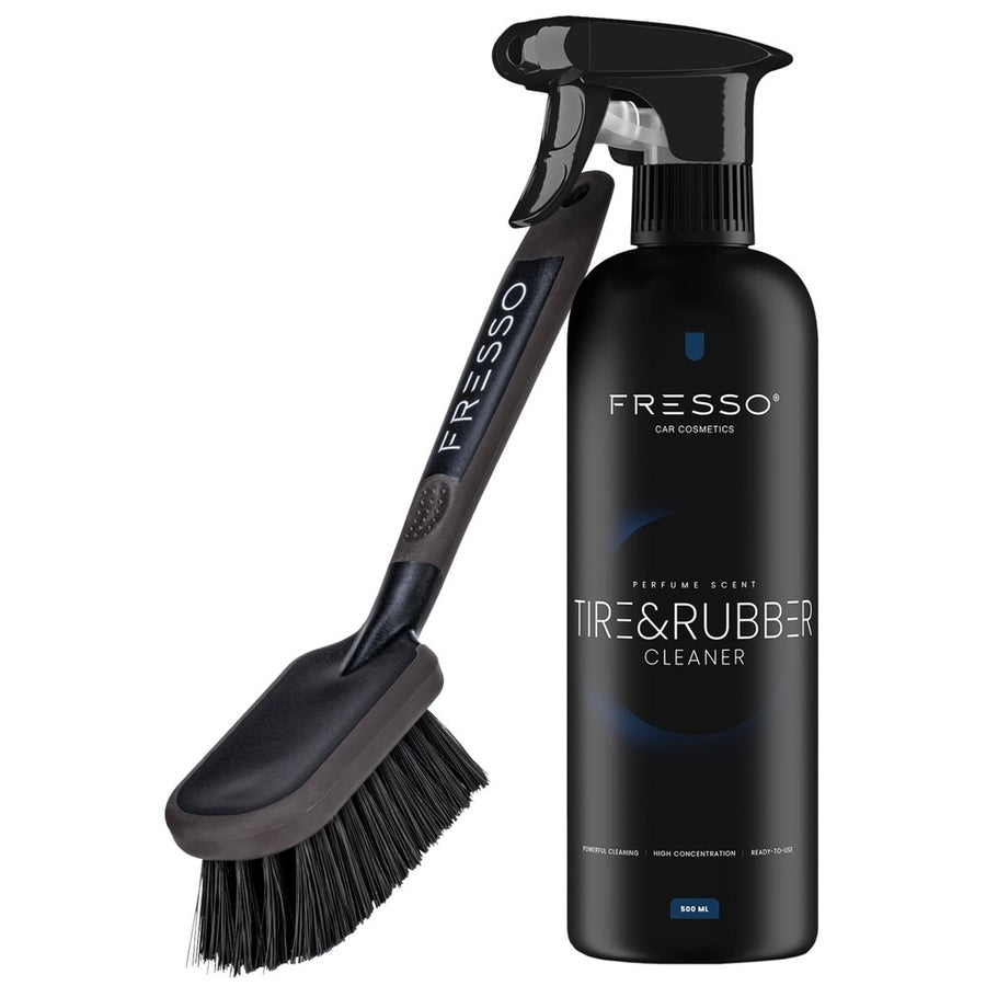 Fresso gumitisztító szett – Tire & Rubber Cleaner 500 ml szórófejes flakon és Tire Brush abroncskefe