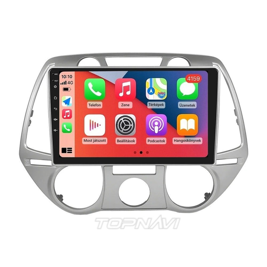 Hyundai i20 2008–2012 („A” kivitel) 9" Android multimédia fejegység ezüst beépítőkerettel, Apple CarPlay képernyővel - TOPNAVI