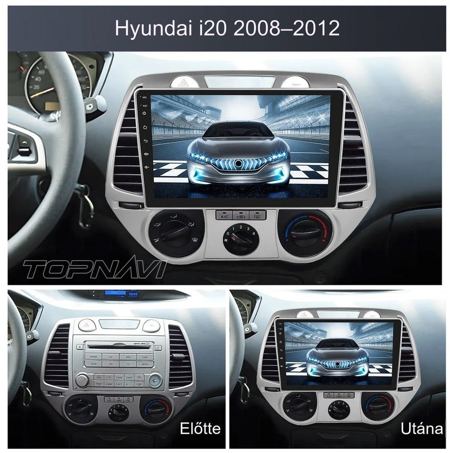 Hyundai i20 2008–2012 („A” kivitel) műszerfal a gyári rádióval és beszerelés után a 9" Android fejegységgel - TOPNAVI
