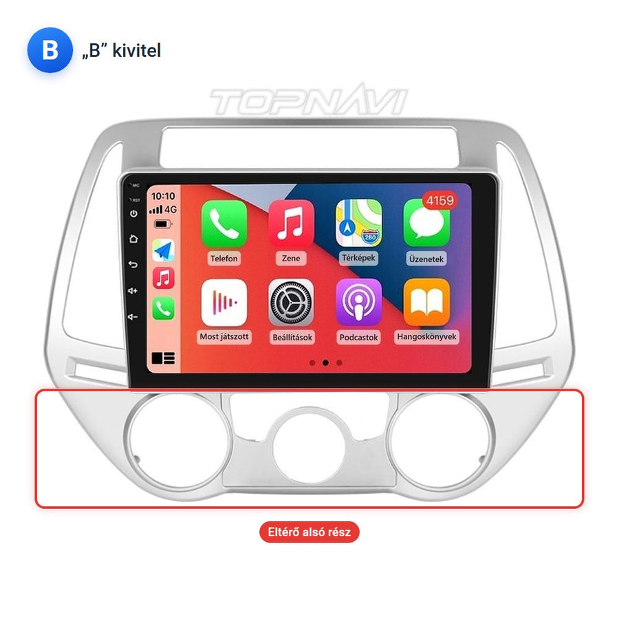 Hyundai i20 2012–2014 („B” kivitel) 9" Android multimédia fejegység ezüst beépítőkerettel, Apple CarPlay képernyővel - TOPNAVI