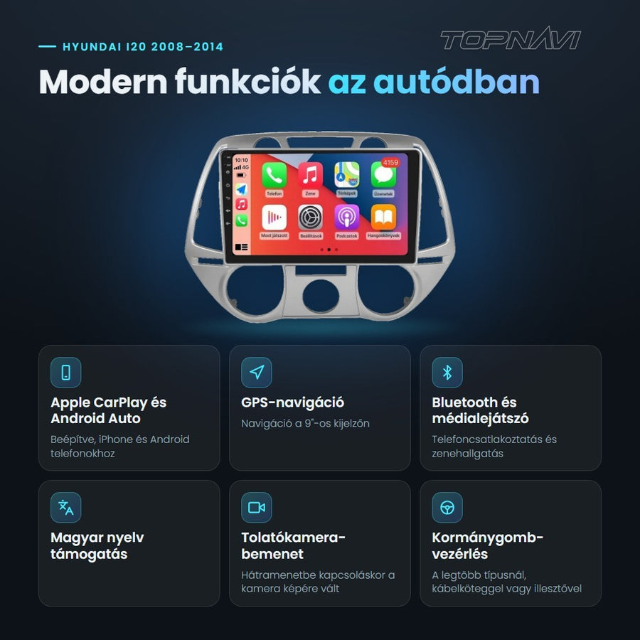 Hyundai i20 2008–2014 9" Android fejegység előnyei: Apple CarPlay, Android Auto, GPS-navigáció, Bluetooth, magyar nyelv támogatás, tolatókamera-bemenet - TOPNAVI