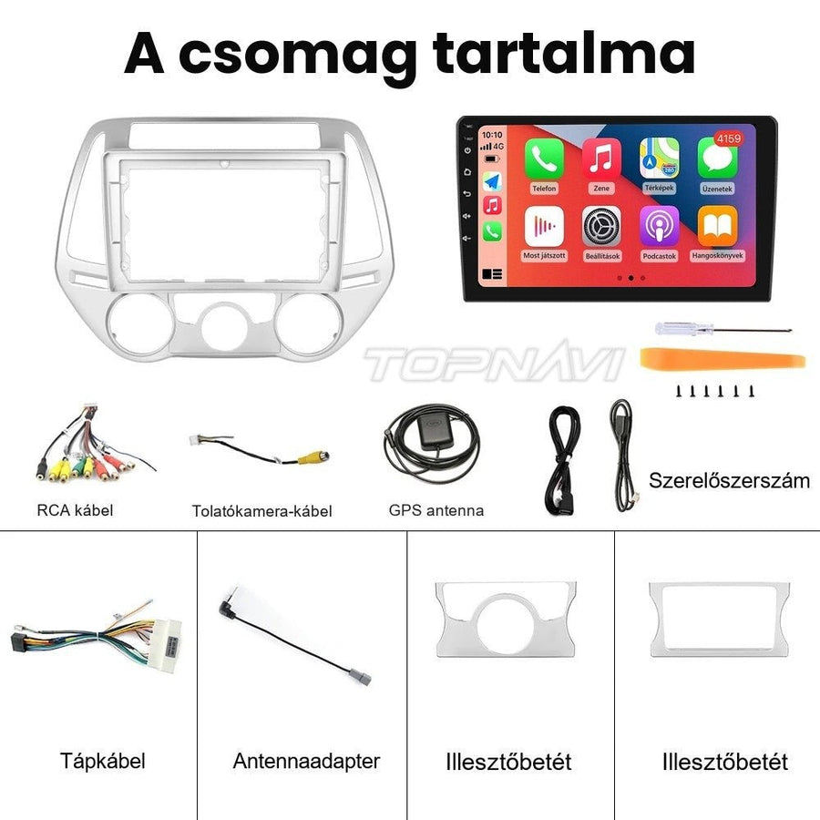 Hyundai i20 2012–2014 („B” kivitel) Android fejegység csomag tartalma: keret, illesztőbetétek, kábelek, GPS antenna - TOPNAVI