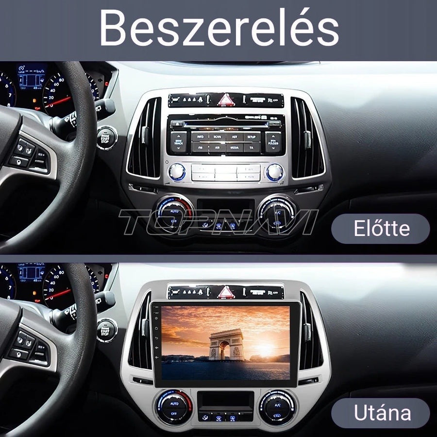 Hyundai i20 2012–2014 műszerfal a gyári rádióval és beszerelés után a 9" Android fejegységgel - TOPNAVI