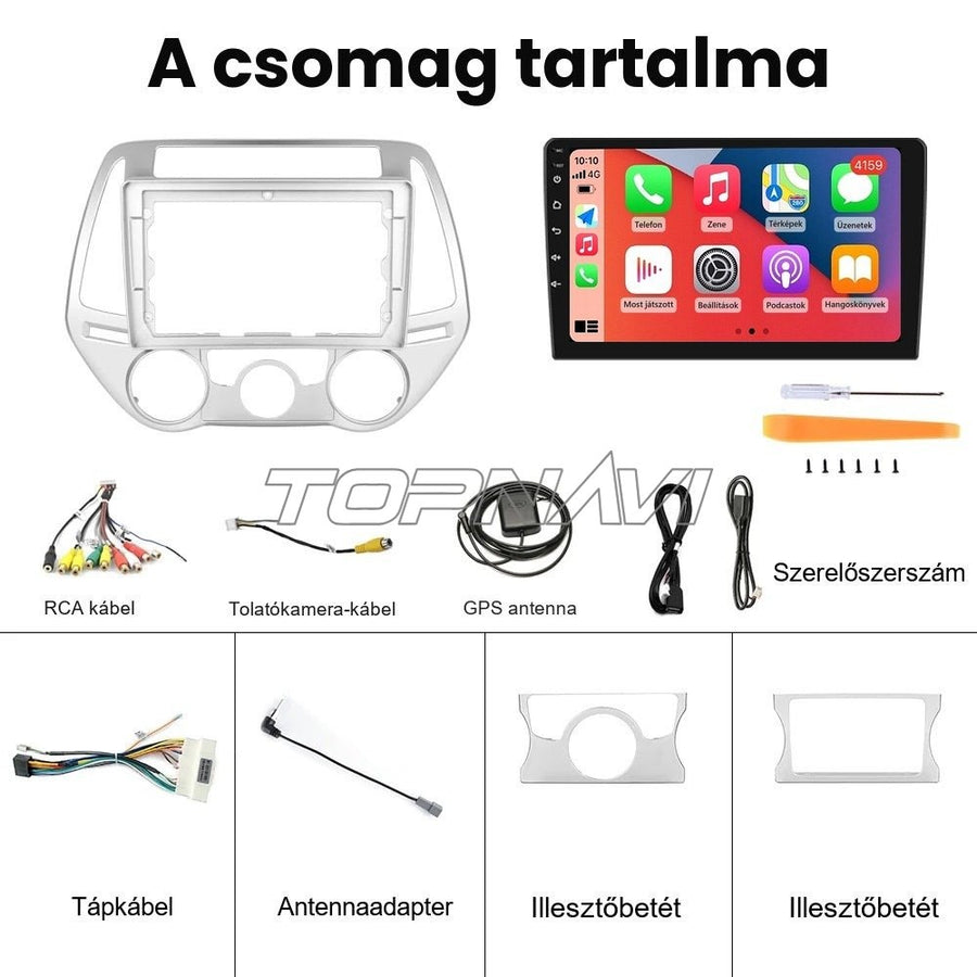 Hyundai i20 2012–2014 Android fejegység csomag tartalma: keret, illesztőbetétek, kábelek, GPS antenna - TOPNAVI