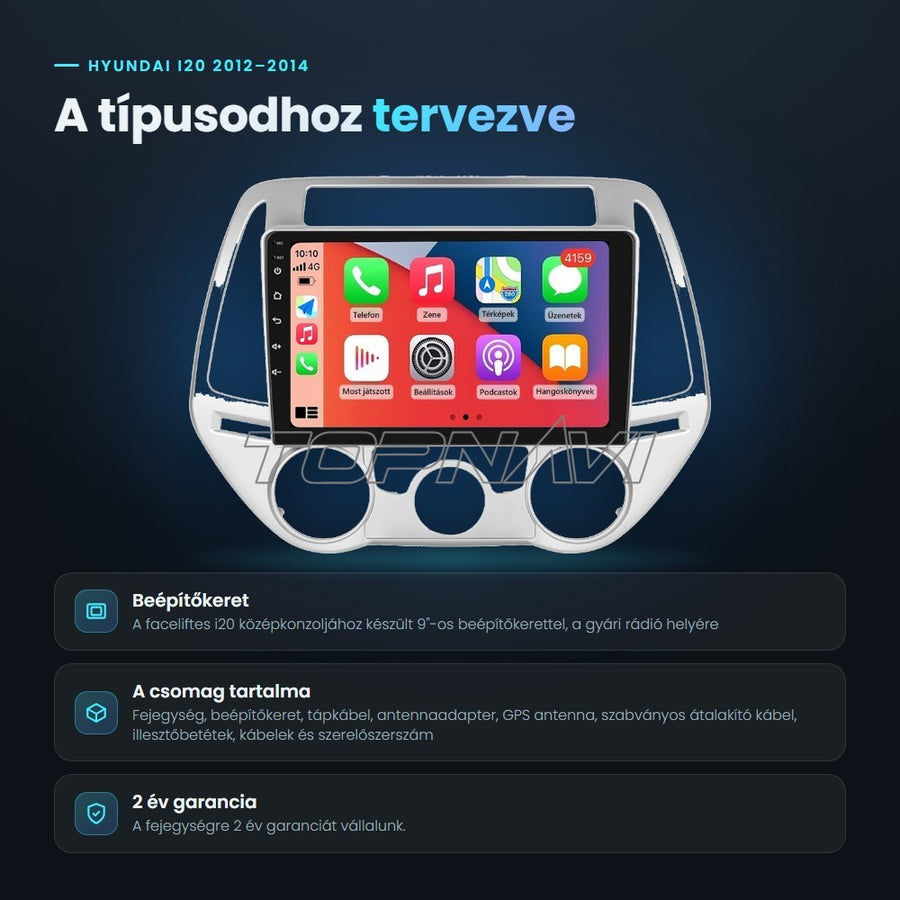 Hyundai i20 2012–2014 Android fejegység: a típushoz tervezett beépítőkeret, a csomag tartalma, 2 év garancia - TOPNAVI
