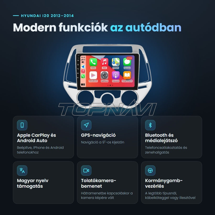 Hyundai i20 2012–2014 9" Android fejegység előnyei: Apple CarPlay, Android Auto, GPS-navigáció, Bluetooth, magyar nyelv támogatás, tolatókamera-bemenet - TOPNAVI